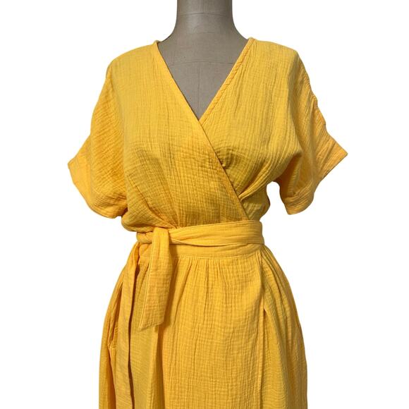 Marine Layer Midi Wrap Dress Valencia Cotton Short Sleeve Golden Yellow size XS - Picture 4 of 8